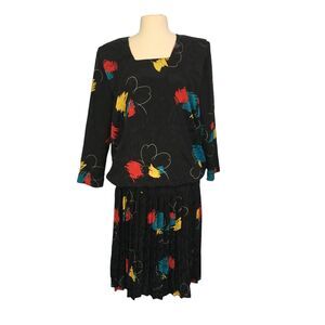 Le Art Vintage 80s Black w/Bold Pattern Drop Waist Dress 40 bust Secretary sz 12